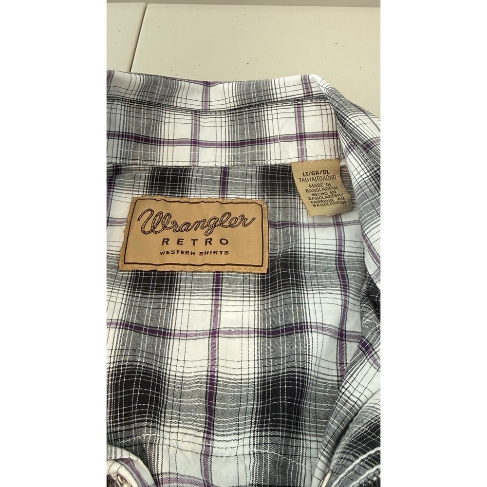 Wrangler Retro Western Shirt Black White Purple Plaid Pearl Snaps Men L - Picture 4 of 10